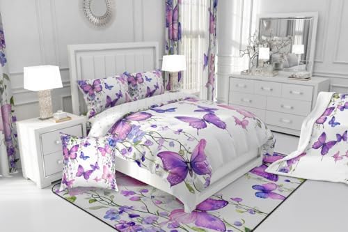 jejeloiu Purple Butterfly Comforter Set Queen Size Kids Floral Flower Bedding Set for Boys Girls Teens Lavender Duvet Breathable Spring Quilt Bedroom Decor,1 Comforter with 2 Pillowcase