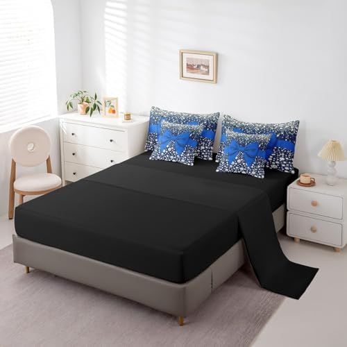 Blue Bowknot Bed in a Bag King Size Comforter Set 7 Pieces,Kawaii Bow Knot Bedding Set,Silk Ribbon Comforter and Sheet Set Glitter Sequin Print Diamond Bed Set,Dreamy Princess Style Cute Bedroom Decor