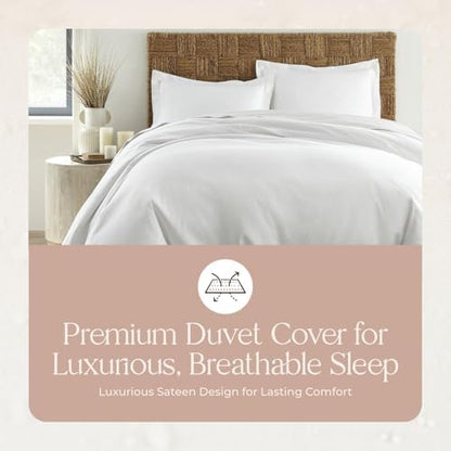 100% Organic Cotton Duvet Cover Queen Size - Naturally Soft Lightweight & Cooling Duvet Cover Set with Decorative Shams - Premium GOTS Certified 300 Thread Count Sateen Weave (White, Queen)