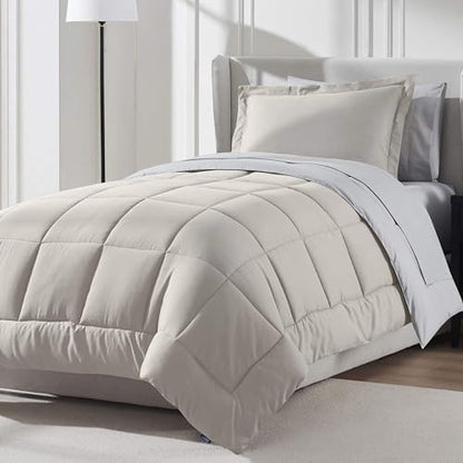 Nestl 7 Piece Twin XL Comforter Set – Beige Reversible Bed in a Bag – Complete Twin XL Size Bedding Set with Sheets, Set of 2 Down Alternative Pillows, Pillowcase and Sham
