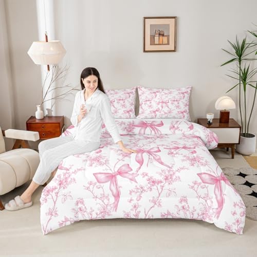 jejeloiu Bowknot Kids Comforter Set King Size Rose Bedding Set Pink Bow Duvet Quilt for Kids Boys Girls Bedroom Rose Floral Flower Decor Microfiber Ultra Soft Breathable