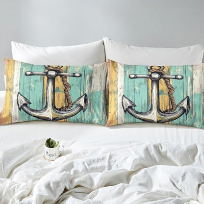 Erosebridal Anchor Comforter Set Twin Size for Boys, Ocean Navigation Theme Duvet Insert for Kids Teens Bedroom Gift, Vintage Brown Wooden Board Decor Bedding Set Marine Life Decorative Soft Quilt