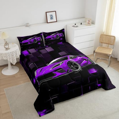 Erosebridal Kids Race Car Bedding Set Twin Size Purple Racing Car Comforter Set for Boys 2 Pieces Extreme Sports Theme Bedding Comforter Sets Abstract Plaid Grid Down Comforter Teens Bedroom Decor