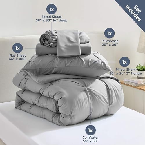 Nestl 7 Piece Twin XL Comforter Set – Grey Pinch Pleated Bed in a Bag – Complete Twin XL Size Bedding Set with Sheets, Set of 2 Cooling Pillows, Pillowcase and Sham