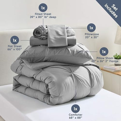 Nestl 7 Piece Twin XL Comforter Set – Grey Pinch Pleated Bed in a Bag – Complete Twin XL Size Bedding Set with Sheets, Set of 2 Cooling Pillows, Pillowcase and Sham