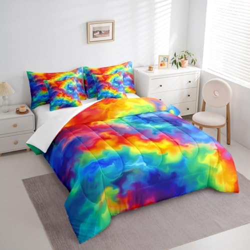 Erosebridal Tie Dye 7 Piece Bedding Set Twin Rainbow Comforter Set with Sheets Pastels Bed in A Bag Kids Girls Women Colorful Bed Sets with 2 Pillowcases, 2 Throw Pillow Covers