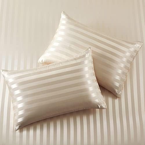 SiinvdaBZX 4Pcs Satin Striped Sheet Full Size Set Italian Style, Beige