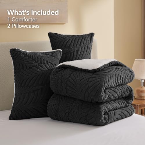 BEDELITE Fluffy Sherpa King Comforter Set,Leaf-Black