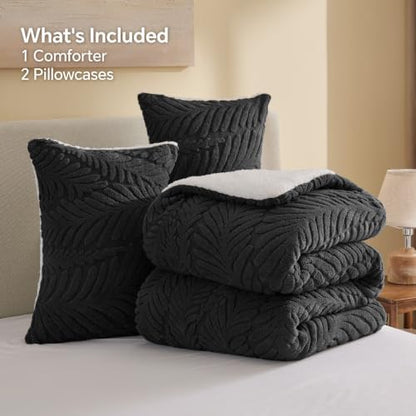 BEDELITE Fluffy Sherpa King Comforter Set,Leaf-Black