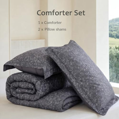 King Comforter Set 3 Pieces, 100% Cotton Charcoal Botanical Floral Bedding Set for All‑Season, Soft Reversible Comforter with 2 Pillow Shams