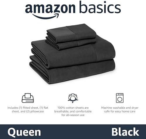 Amazon Basics 100% Cotton Jersey Bed Sheet Set, Breathable, Soft, Queen, Black, Solid