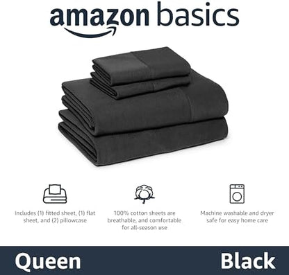 Amazon Basics 100% Cotton Jersey Bed Sheet Set, Breathable, Soft, Queen, Black, Solid