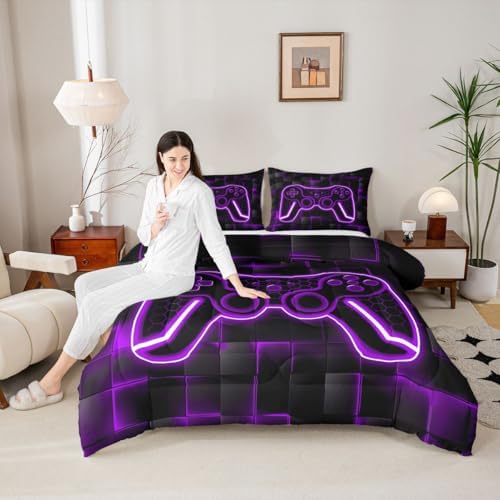 Feelyou Kids Gamer Comforter Set Queen Size Purple Black Bedding Set Boys
