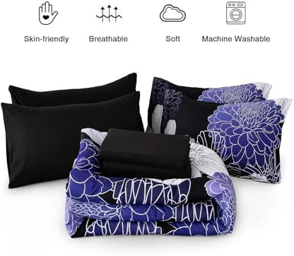 Yiran Floral Comforter Set Queen 7 Pieces Bed in a Bag Purple White Black Flower Comforter Soft Microfiber Bedding Sets for All Seasons 90"×90"