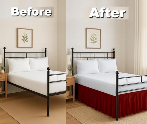 Ruffled Bed Skirt Split Corners with Platform, Tailored Fit Hotel Quality Wrinkle Free Ultra-Soft Microfiber Dust Ruffle, Upto 6 Inch Drop, Full, Burgundy
