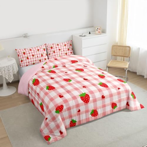 Kawaii Strawberry Comforter Set - Full Size Pink Bedding for Girls - 3 Pcs: Comforter, Duvet Insert, Striped Quilt