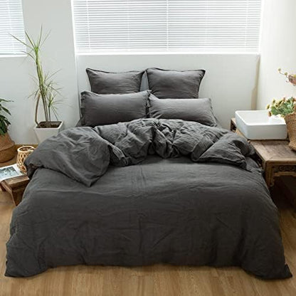 Simple&Opulence 100% Linen Duvet Cover Set 3pcs Basic Style Natural French Washed Flax Solid Color Soft Breathable Farmhouse Bedding with Button Closure - Dark Grey, Queen