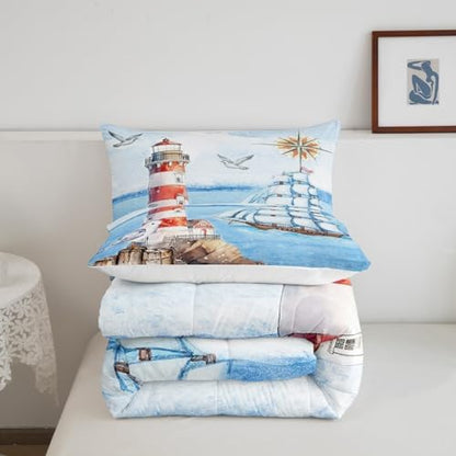 Coastal Lighthouse Comforter Set Full Size,Nautical Sailboat Quilt Set Ocean Adventure Travel Bedding Set for Kids Girls Boys Teens Room Decor,Vintage Watercolor Duvet Insert,2 Pillowcases