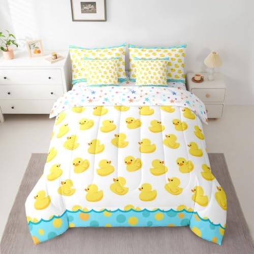 Erosebridal Blue and Yellow Duck King Bedding Set 7 Piece Lovely Duck Lovers Bed in A Bag with Sheets Cartoon Rustic Country Comforter Set for Kids Adults,Wild Duck Animals Bed Sets