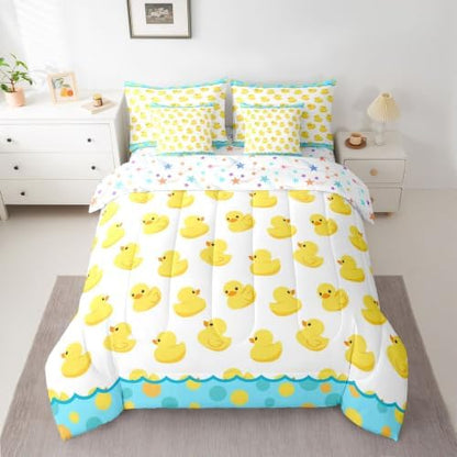 Erosebridal Blue and Yellow Duck King Bedding Set 7 Piece Lovely Duck Lovers Bed in A Bag with Sheets Cartoon Rustic Country Comforter Set for Kids Adults,Wild Duck Animals Bed Sets