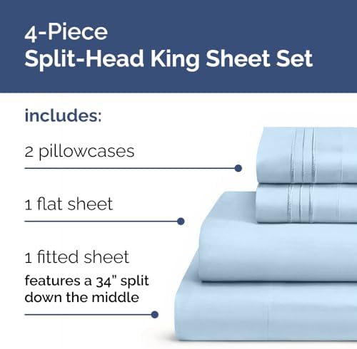 Flex Top Split Head King 4 Piece Sheet Set - Soft & Breathable - Light Blue