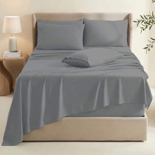 Hearth & Harbor Bed Sheets, Luxury Soft 6 Piece Bed Sheet Set Extra Deep Pocket Fitted Sheets Fits Mattress up to 21", Double Brushed Bedding Sheets & Pillowcases, Queen, Frost Gray