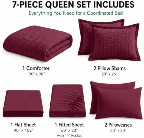 HIMEET Queen Comforter Set, 7-Piece Seersucker Bed in a Bag, Burgundy