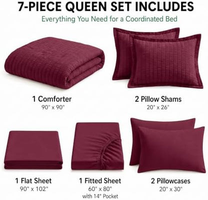 HIMEET Queen Comforter Set, 7-Piece Seersucker Bed in a Bag, Burgundy