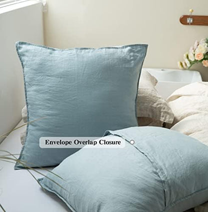 Simple&Opulence 100% Washed Linen Euro Shams 26'' x 26'' Pack of 2, Basic Style Solid Color Natural Flax Farmhouse Decorative Square Throw Pillow Covers for Bed Couch Sofa - Dusty Blue
