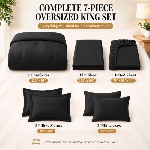 CozyLux Oversized King Comforter Set Black, 7 Pieces Bed in a Bag