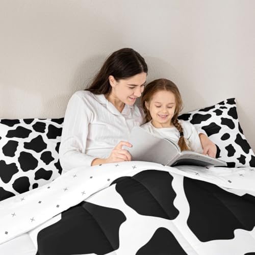 jejeloiu Cow Fur Print Bedding Set Soft for Boys Girls, Animal Skin Comforter Set Toddler Size Cowhide Duvet Quilt Microfiber Bedroom Decor 2 Pcs with 1 Pillow Cases