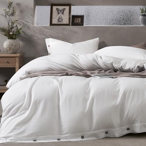 JELLYMONI Washed Cotton Duvet Cover - Off White, Queen Size 90x90 Inches, 3-Piece Bedding Set with Button Closure, Includes 1 Duvet Cover & 2 Pillowcases (Comforter Not Included)