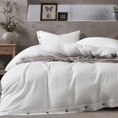 JELLYMONI Washed Cotton Duvet Cover - Off White, Queen Size 90x90 Inches, 3-Piece Bedding Set with Button Closure, Includes 1 Duvet Cover & 2 Pillowcases (Comforter Not Included)