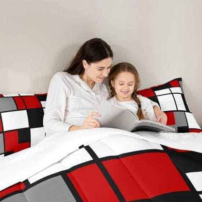 Gray Black Red White Square Comforter Set Queen Boys Teens Geometric Grid Room Decor Fashion Color Bedding Set,Soft Lightweight Modern Abstract Duvet,Youth Young Man Quilt,1 Comforter + 2 Pillowcase