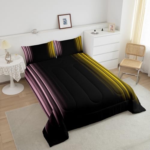 Feelyou Teens Abstract Ombre Decorations Bedding Set for Kids Women Pink Yellow and Black Comforter Set Geometric Modern Quilt Set Room 3Pcs Full Size