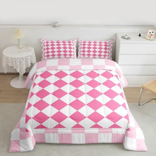 Feelyou Checkered Geometric Kids Comforter Set Toddler Size Pink Plaid Bedding Set Checkerboard Modern Aesthetic Duvet Quilt for Kids Boys Girls Bedroom Reversible Pink Decor
