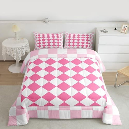 Feelyou Checkered Geometric Kids Comforter Set Toddler Size Pink Plaid Bedding Set Checkerboard Modern Aesthetic Duvet Quilt for Kids Boys Girls Bedroom Reversible Pink Decor