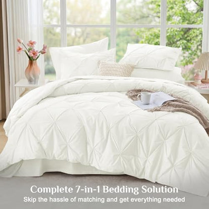 JOLLYVOGUE Full Size Comforter Sets 7 Pieces - Bed in a Bag Full for All Season, Pintuck Bedding Comforter Sets with Comforter, Flat Sheet, Fitted Sheet and Pillowcases & Shams, Ivory