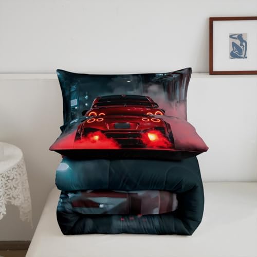 Erosebridal Red Race Car Comforter King Size for Kids Teens Adults,Extreme Sports Gaming Bedding Set,Cool Red Speed Car Duvet Insert,Red Black Quilt Bedroom Decor
