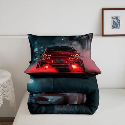 Erosebridal Red Race Car Comforter for Kids Boys Girls,Extreme Sports Gaming Toddler Bedding Set,Cool Red Speed Car Duvet Insert,Red Black Quilt Bedroom Decor