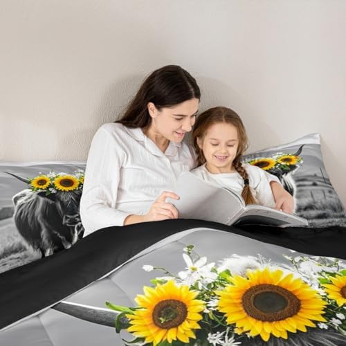 Erosebridal Highland Cow Comforter Set King Size for Adult Women Sunflower Print Bedding Farmhouse Decor Wild Animal Cows with Gray Fur Quilted Duvet 3 Pcs ,1 Cover + 2 Pillowcases