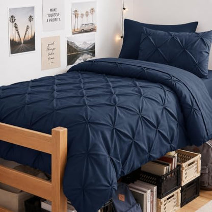 CozyLux Twin XL Comforter Set Navy, 5 Pieces Pintuck Bed in a Bag