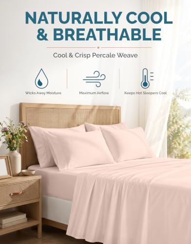 Casa Platino 100% Cotton Full Size Sheets Set – 6 Piece Crisp Percale Full Size Cooling Sheets, Lightweight for Summer, with 15" Deep Pocket Fitted Sheet Nightly Comfort & Airy Sleep – Veiled Rose