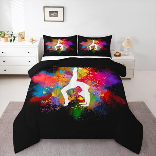 Gymnastics Dance Comforter Set Twin Size,Rainbow Watercolor Tie Dye Bedding Set for Girls Kids Woman Room Decor,Cheerleading Bedspread Yoga Lover Down Comforter 2pcs with 1 Pillowcase,Black