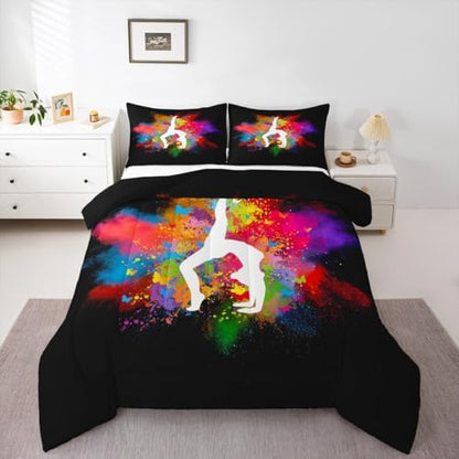 Gymnastics Dance Comforter Set Twin Size,Rainbow Watercolor Tie Dye Bedding Set for Girls Kids Woman Room Decor,Cheerleading Bedspread Yoga Lover Down Comforter 2pcs with 1 Pillowcase,Black