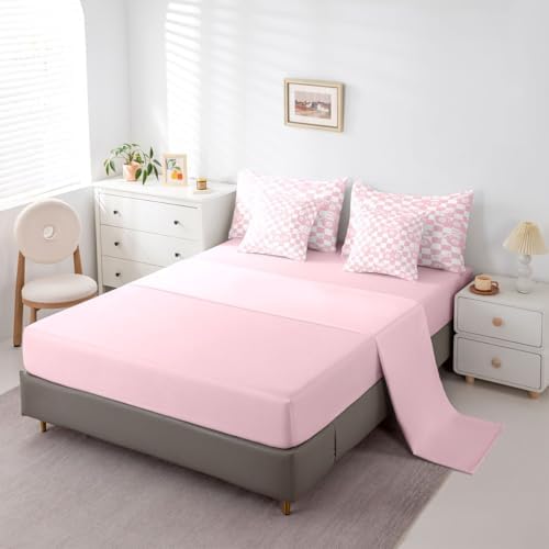 Erosebridal Pink Fashion Y2K Full Bedding Set 7 Piece For Girls Room Decor,Girly Coquette Bowknot Comforter Set For Kids Teen Women,Cherry Lucky 8 Ball Bed In A Bag With Sheets Cute Pink Plaid Bed Set