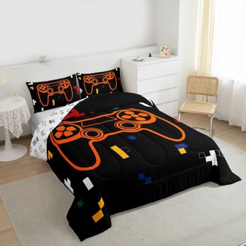 Feelyou Kids Gamer Bedding Set Toddler Size, Geometric Gaming Comforter Game Comforter Set Boys Girls Gamepad Teens Duvet Set Bedroom Decor with 1 Pillow Case