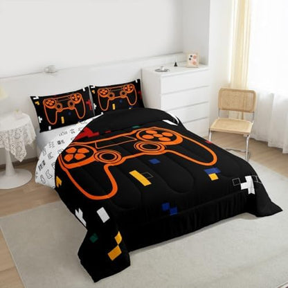 Feelyou Kids Gamer Bedding Set Toddler Size, Geometric Gaming Comforter Game Comforter Set Boys Girls Gamepad Teens Duvet Set Bedroom Decor with 1 Pillow Case