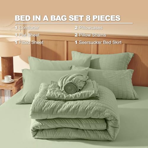 Laojin Balhen King Size Comforter Set 7 Pieces, Sage Green Seersucker Bed in a Bag Set King Size, All Season Luxury Bedding Sets with Comforter, Sheets, Pillowcase & Sham