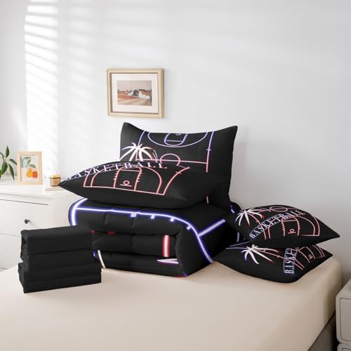 Basketball Bed in a Bag 7-Piece for Boys Room Sport Bedding Set, Glowing Basketball Court Twin Size Comforter Set Sports Gamer Bedding Comforter Sets, Navy Pink Red Bed Set (Black Reversible)